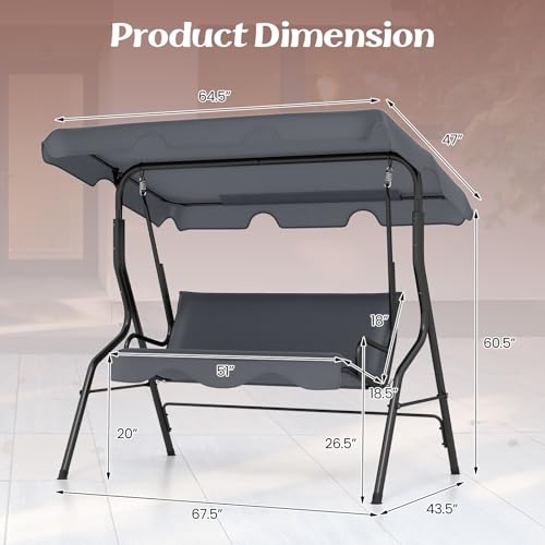 Tangkula 3 Person Porch Swing, Patio with Removable Cushion & Powder-Coated Steel Frame, Outdoor Swing with Canopy for Porch, Backyard, Garden