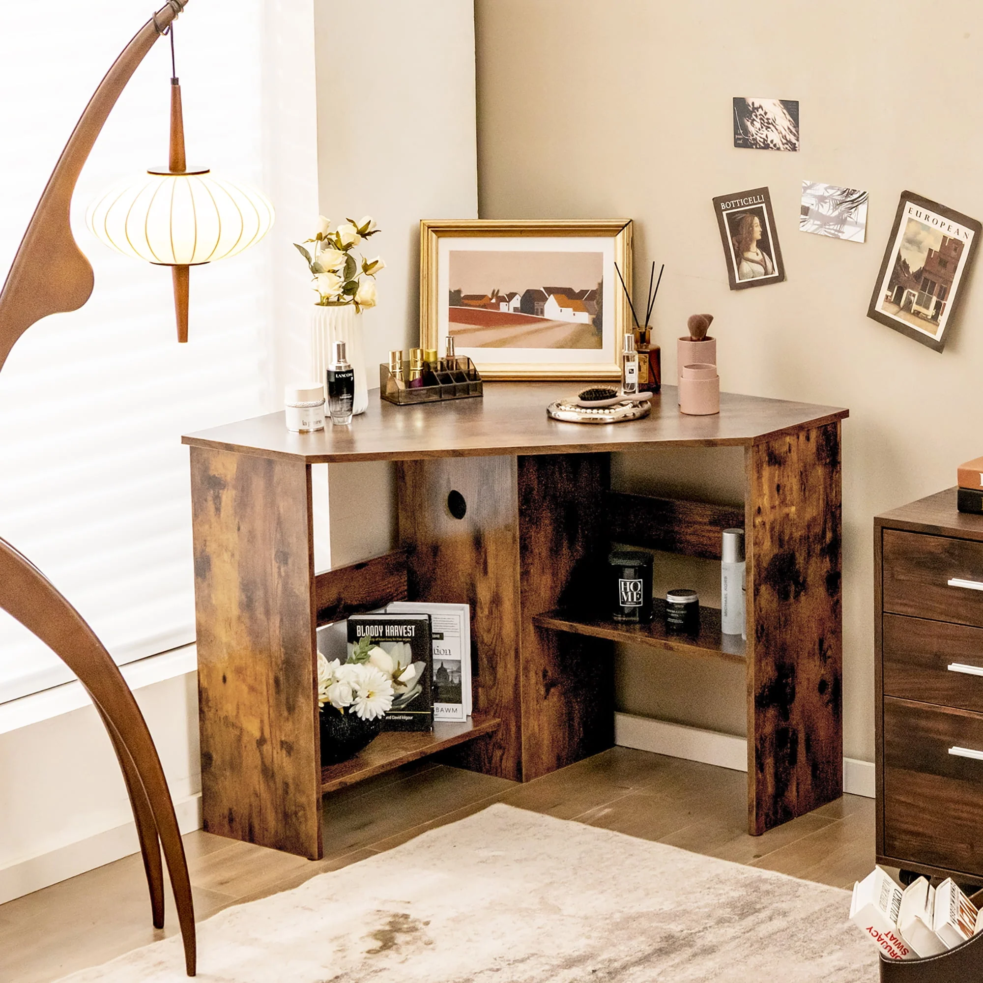 Costway Corner Computer Desk Triangle Writing Workstation w/Storage Shelf Rustic