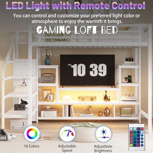 Queen Loft Bed with L-Shaped Desk and Stairs,Metal Queen Size LoftBed with Wardrobe and Adjustable Shelf, Gaming Bed with LED and USB