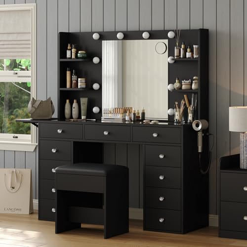 55" W Vanity Desk, Makeup Vanity with Charging Station, 15 Drawers with Lighted Mirror, 3 Lighting Modes, Brightness Adjustable, Glass Top