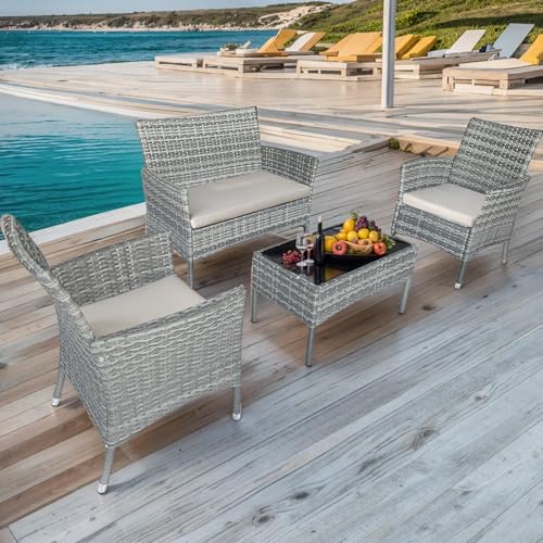 Patio Furniture Set 4 Pieces,Rattan Wicker Double Sofa, Coffee Table,Conversation Outdoor Sets, with Coffee Table and Soft Cushions