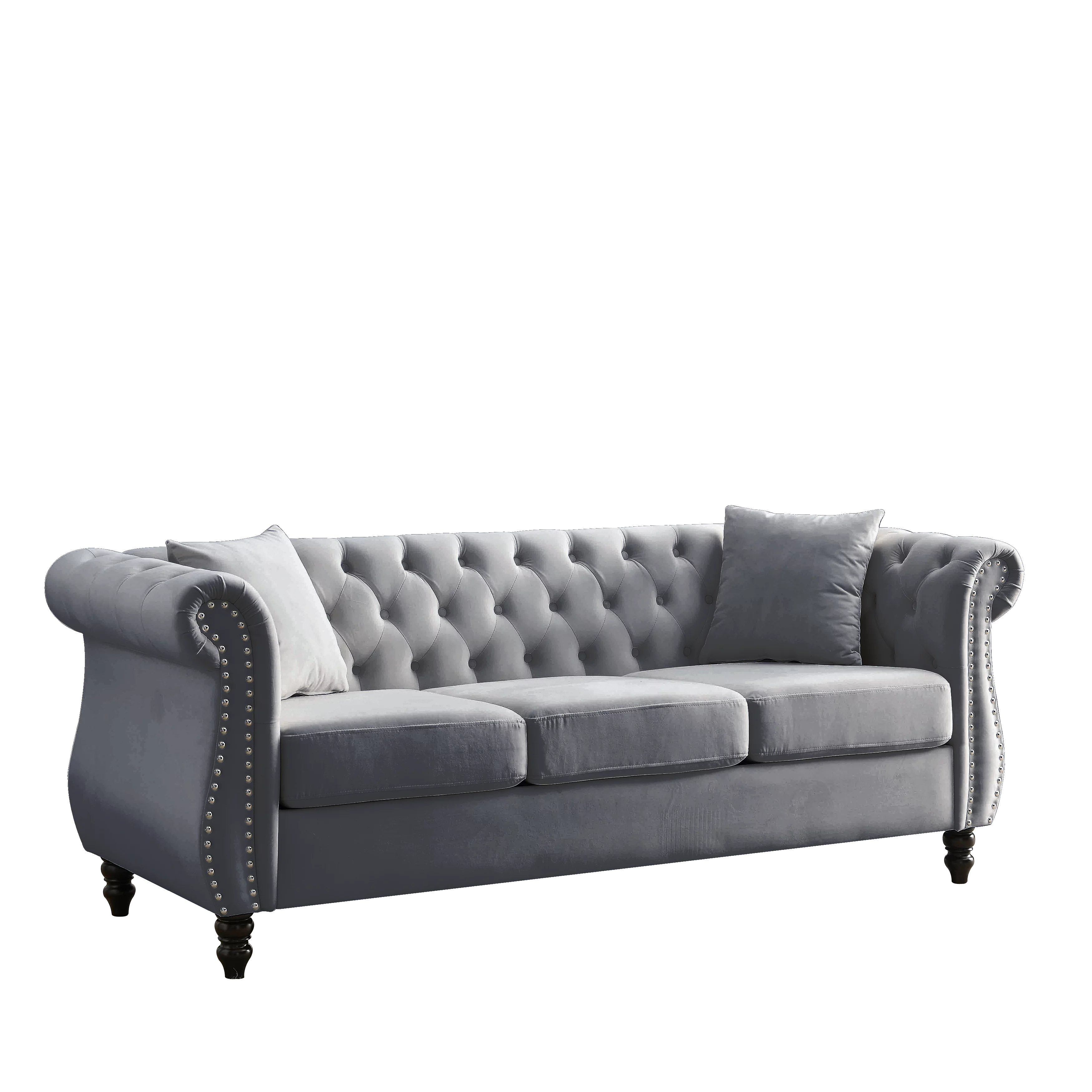 Ufurpie 80" 3-Seater Velvet Chesterfield Sofa with 2 Pillows,Tufted Couch with Rolled Arms and Nailhead,for Living Room,Bedroom,Office,Apartment,Gray