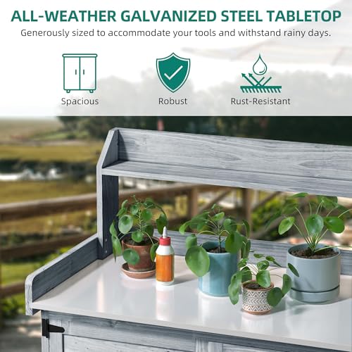 YITAHOME Solid Wood Potting Bench Table with Folding Pallet and Metal Tabletop, Outdoor Storage Cabinet Planting Table Garden Work Bench for Garden