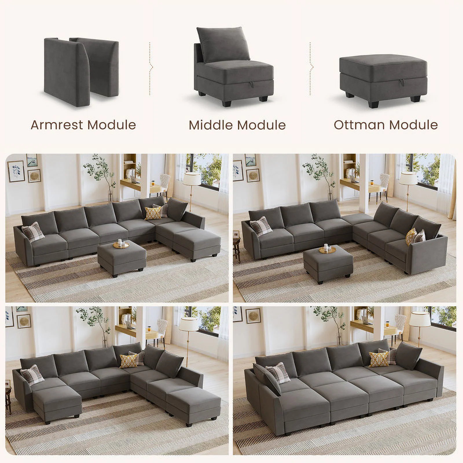 HONBAY Modern Convertible Sleeper Sofa Couch with Storage, Pearl Grey