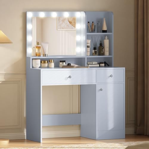 Vanity Desk with Mirror and Lights, Diamond Edition Vanity Desk, Makeup Vanity Table with 3 Drawers & 5 Open Shelves