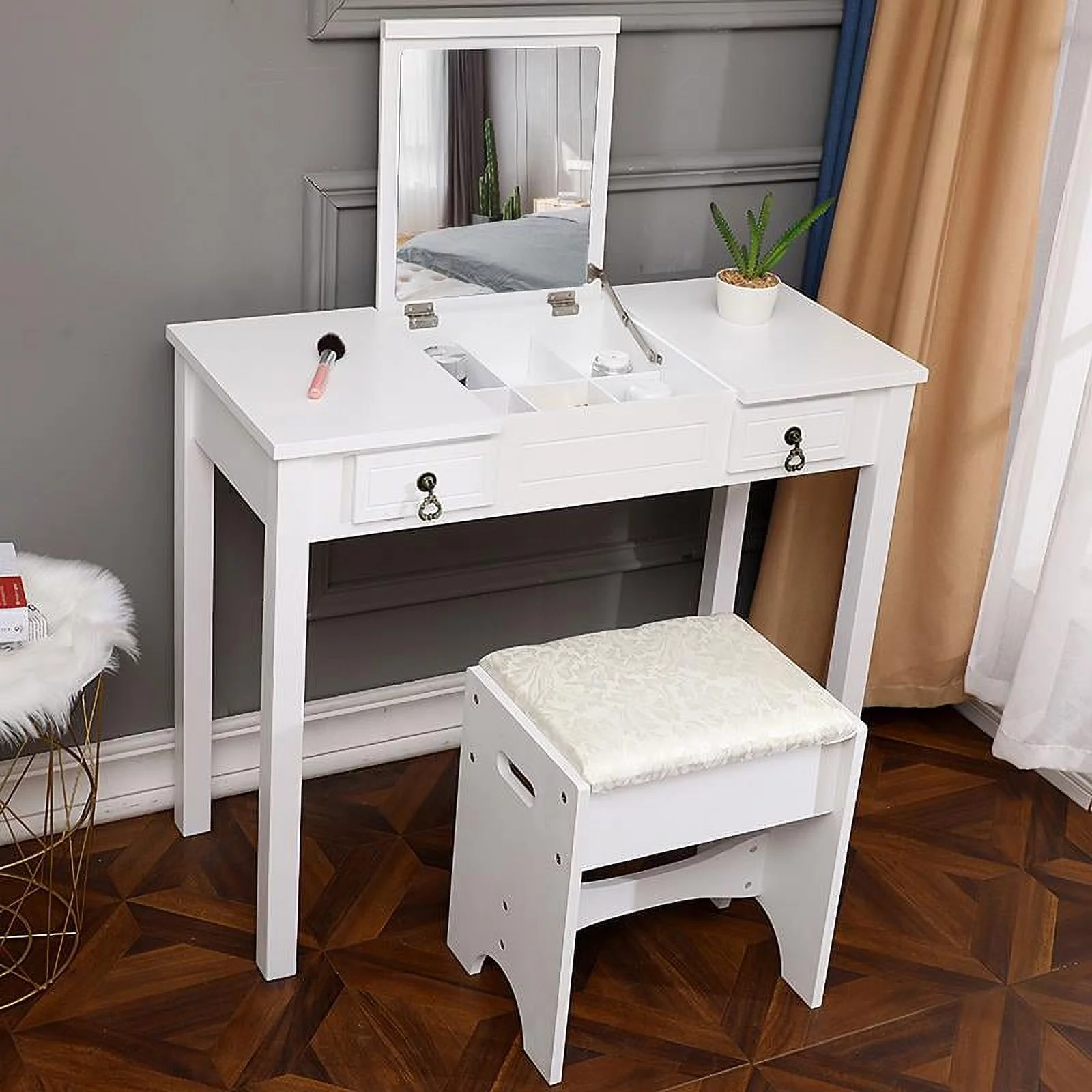 FCH Flip-top Mirror Vanity Set Makeup Dressing Table with 2 Drawers and Stool for Bedroom, White