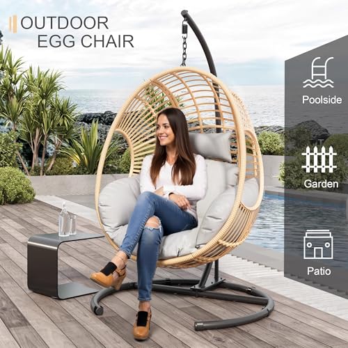 Oversized Hanging Egg Chair Outdoor Indoor, Wicker Swing Egg Chair with Stand 400lbs Capacity for Bedroom, Patio, Garden and Balcony (Beige-nest