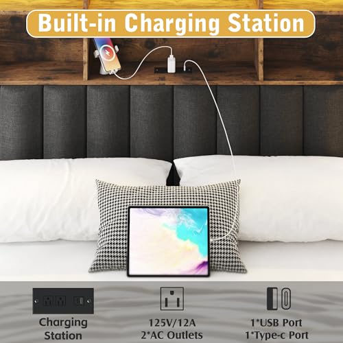Lifezone Queen Bed Frame with Headboard, Queen Bed Frame with High Storage Bookcase Headboard,4 Storage Drawers & Charging Station & LED