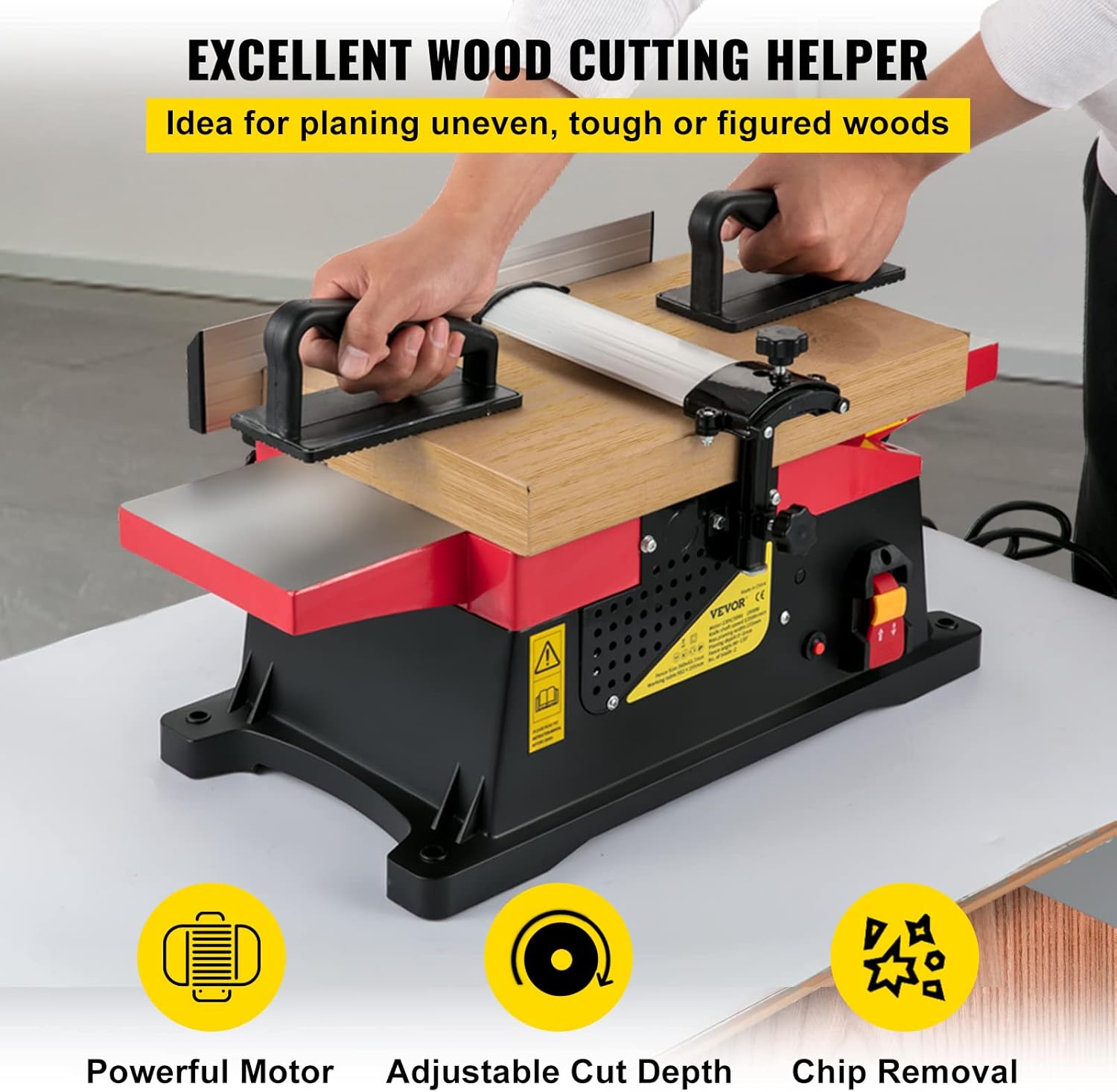 VEVOR Benchtop Jointer, 6in 1650W Electric Wood Planner, 12000rpm 8amp Copper Motor, Precise Cutterhead with 2 Push Blocks Fence Depth Scale
