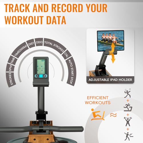 Water Rowing Machine for Home Use, WENOKER Wooden Foldable Rower Machine with Adjustable Monitor & Bluetooth APP