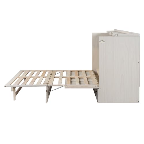Harper & Bright Designs Full Size Murphy Bed Wall Bed, Solid Pine Murphy Bed Chest Cube Cabinet Bed with USB