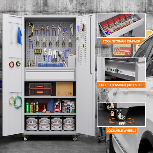 Metal Storage Cabinet with Wheels, 73" H Rolling Garage Cabinets with Locking Doors and Adjustable Shelves for Home Office, Basement, Pantry, Workshop