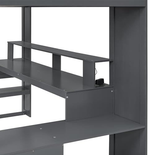 Gaming Bed with Desk,Wardrobe,Ample Storage Space,and RGB LED Light, Full Size Wood Loft Bed for Kids Bedroom (Cloud Blue/K)