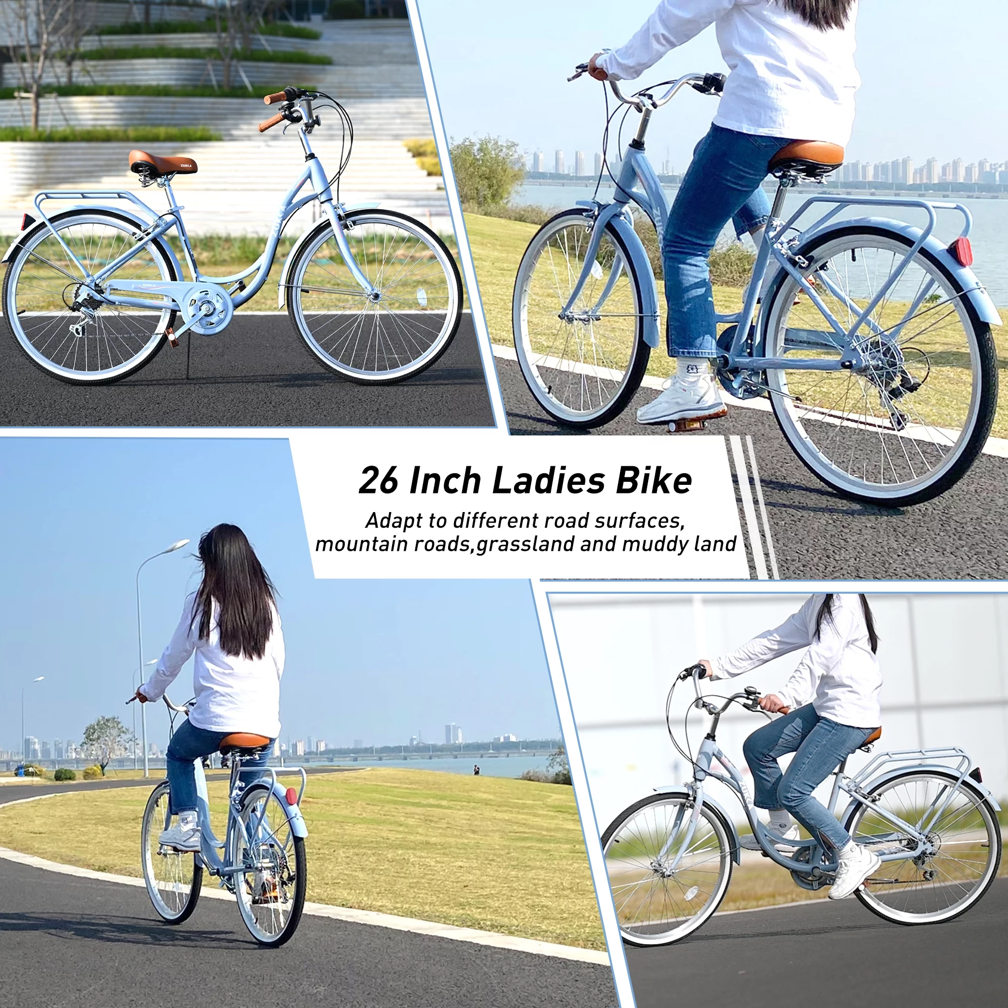 Women's Bike 26 7 Speed Comfortable City Bike Steel Frame Commuter Cruiser Bike for Ladies Adults, Blue