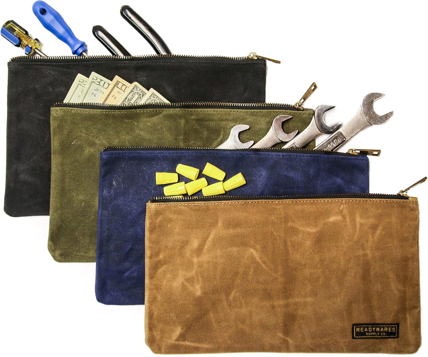 Readywares Waxed Canvas Zipper Tool Bags, Heavy Duty Canvas Tool Pouch, 4 Colors: Tan, Olive, Navy, and Black, 12.5" x 7" - 4-Pack