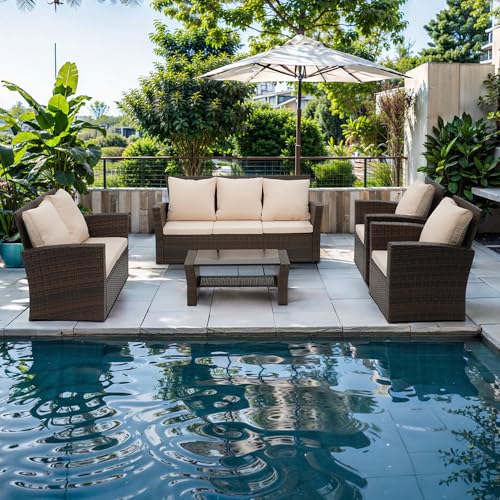 Wisteria Lane 4 Piece Outdoor Patio Furniture Sets, Wicker Conversation Set for Porch Deck, Gray Rattan Sofa Chair with Cushion