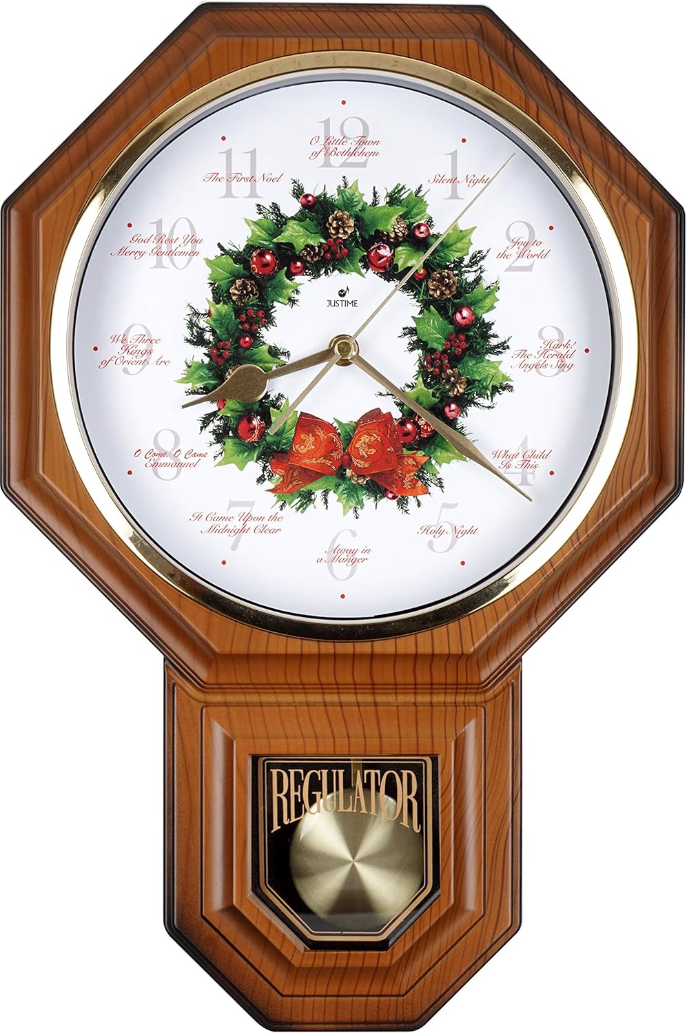 JUSTIME Special Edition Schoolhouse 12 Song of Carols of Christmas Wreath Melody Plastic Wall Clock, Made in Taiwan (TCXM0258-R Red Mahogany)