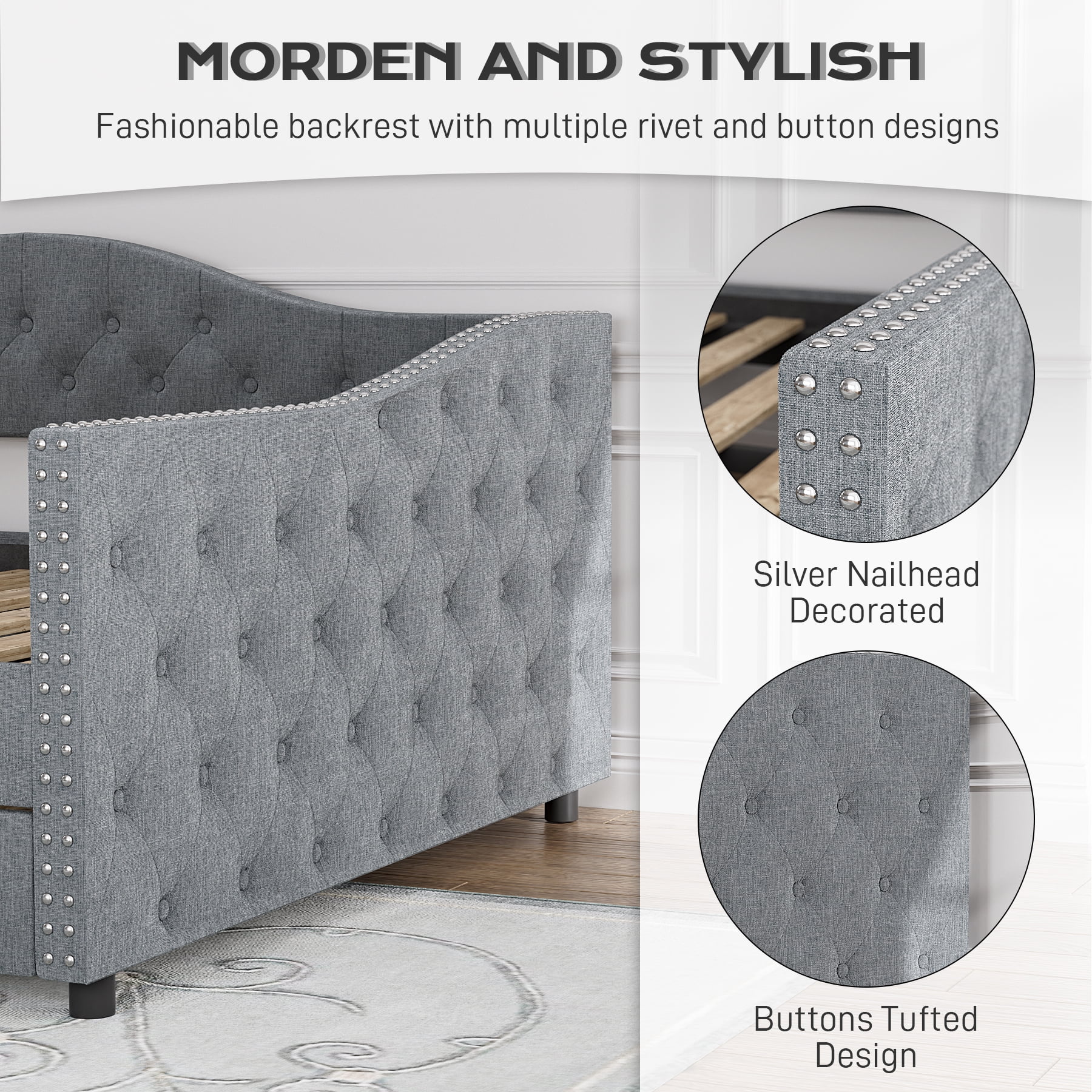 Tufted Upholstered Daybed With Trundle,Full Size Daybed Frame with Wood Slat Support and Button Tufted Backrest,Velvet Sofa Bed Frame for Living Room