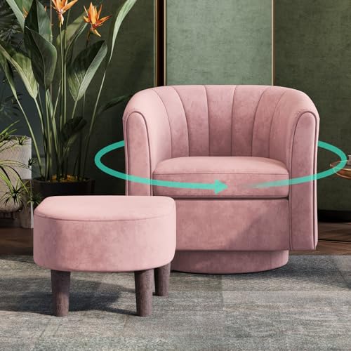 LINSY Swivel Accent Chair Ottoman Set: Velvet Small Barrel Chair with Foot Rest