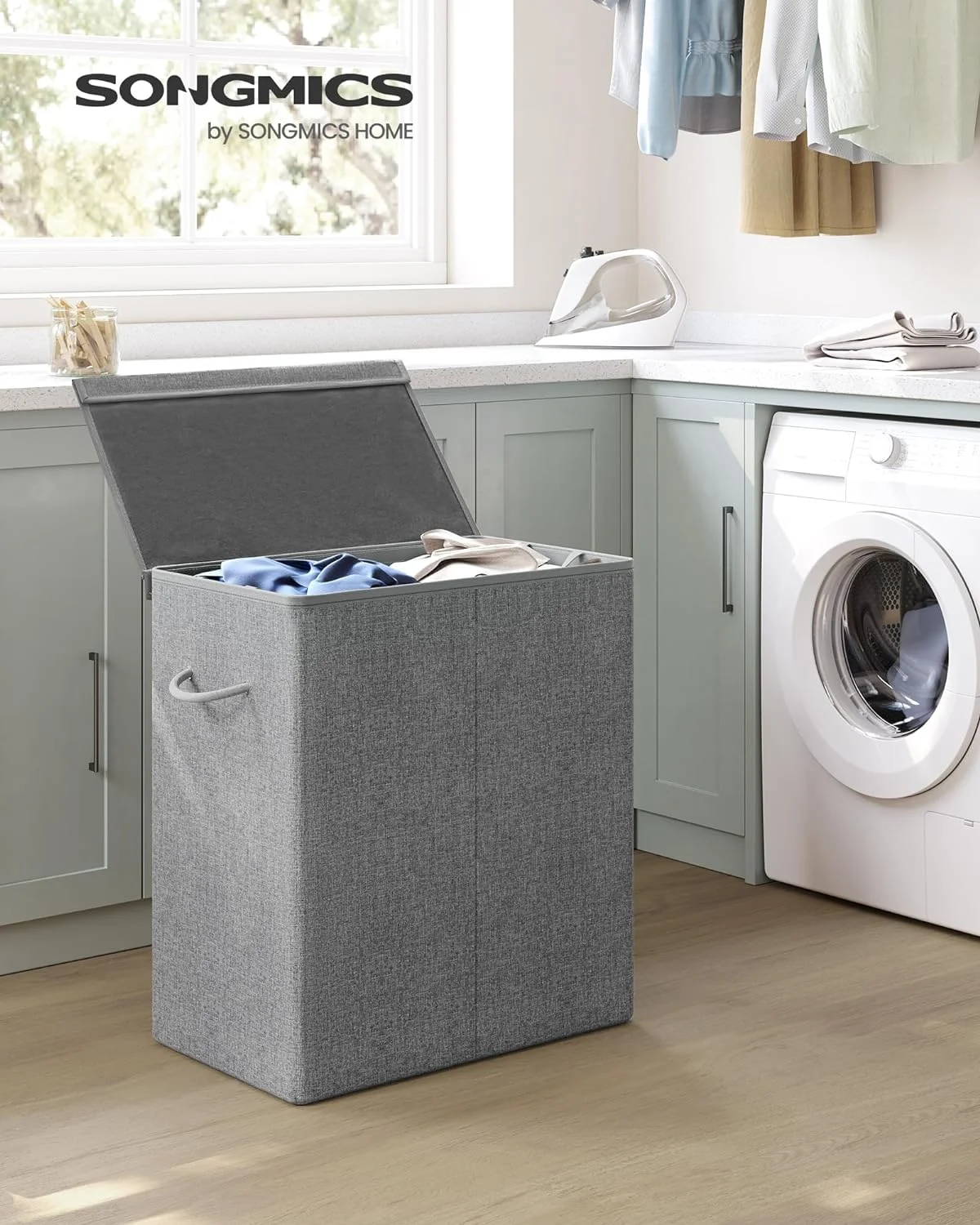 Sturdy Double Laundry Hamper with Lid, Removable Fabric Bag, 142L Large Clothes Hamper 2 Section, Laundry Basket with Handles for Closet