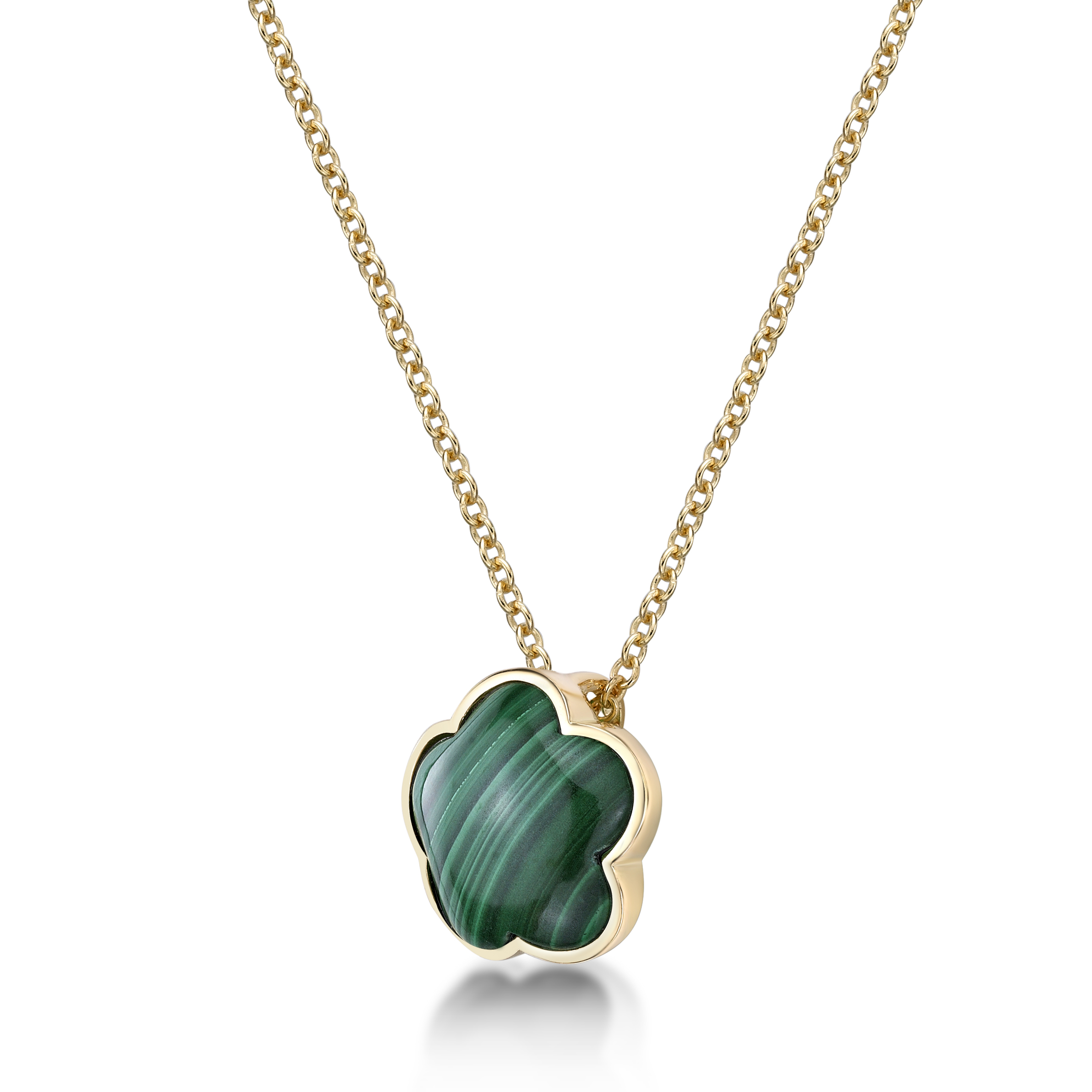 Green Malachite Five Petal Flower Pendant Necklace for Women in 925 Sterling Silver with Yellow Gold Plating on 18 Inch Chain with Spring Ring by