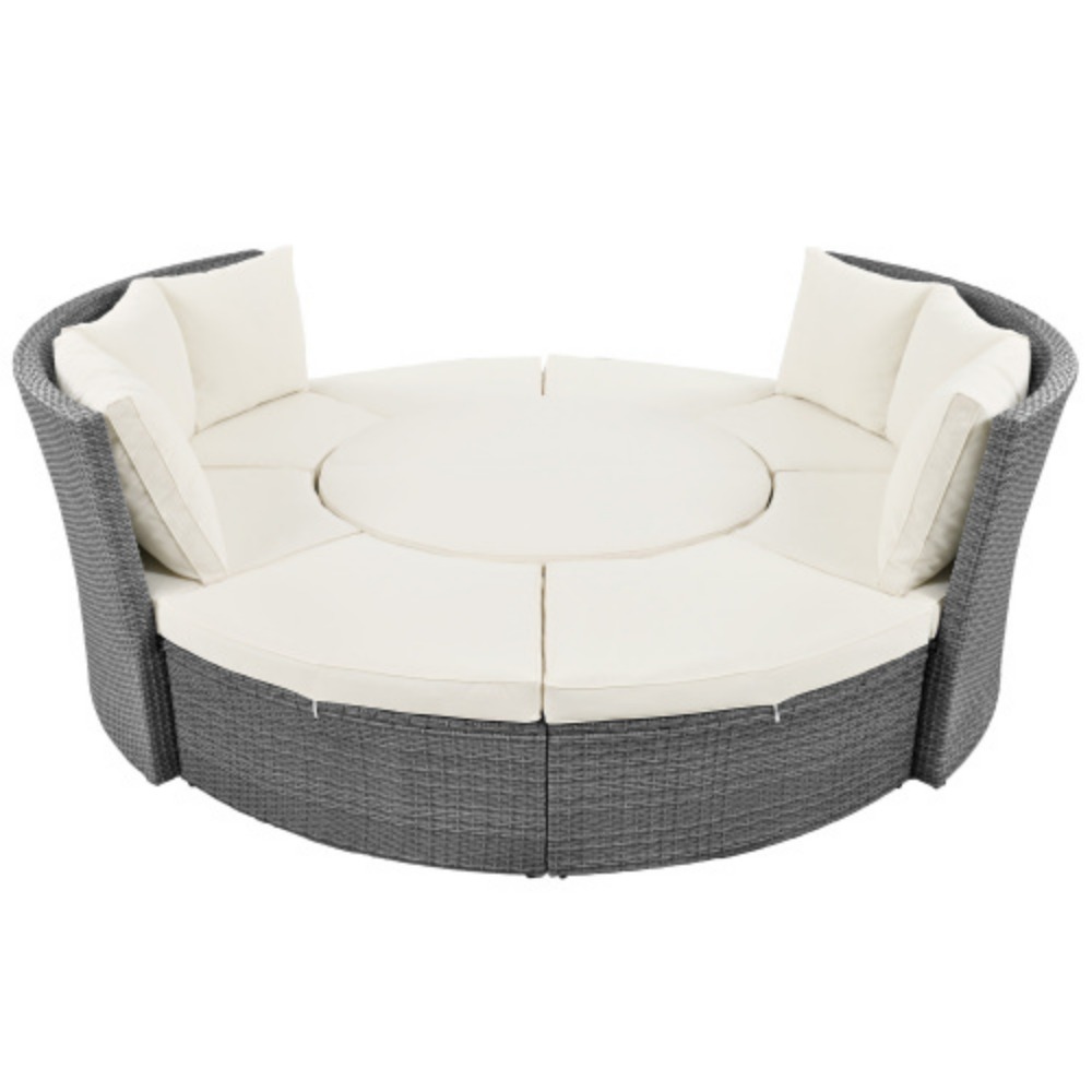 TOPMAX Patio 5-Piece Round Rattan Sectional Sofa Set All-Weather PE Wicker Sunbed Daybed with Round Liftable Table and Washable Cushions for Outdoor