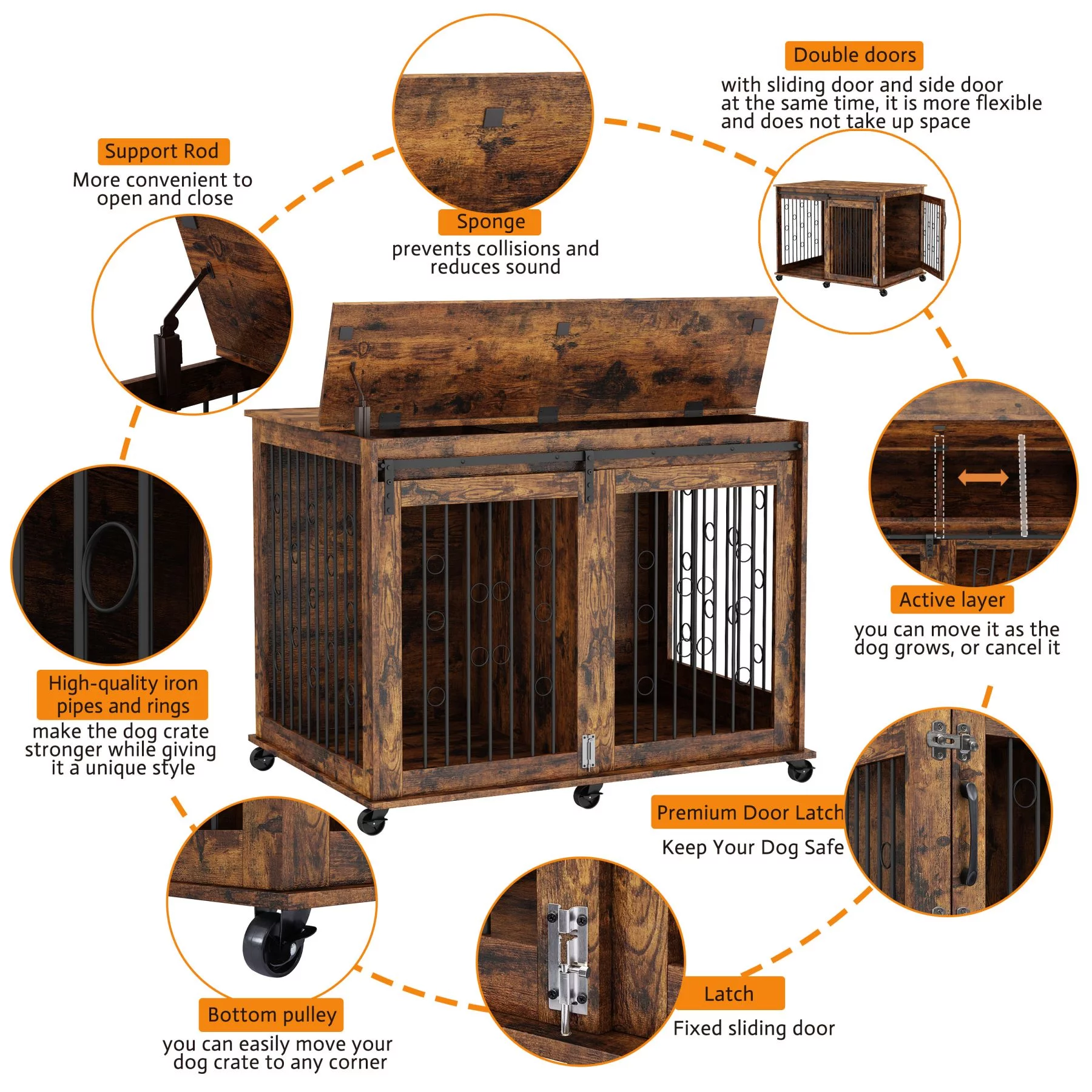 Ouyessir Dog Crate Furniture with Sliding Barn Door,Upgraded Large Wooden Dog Kennel End Table with Wheels and Flip-top Plate Dog House(Rustic Brown)