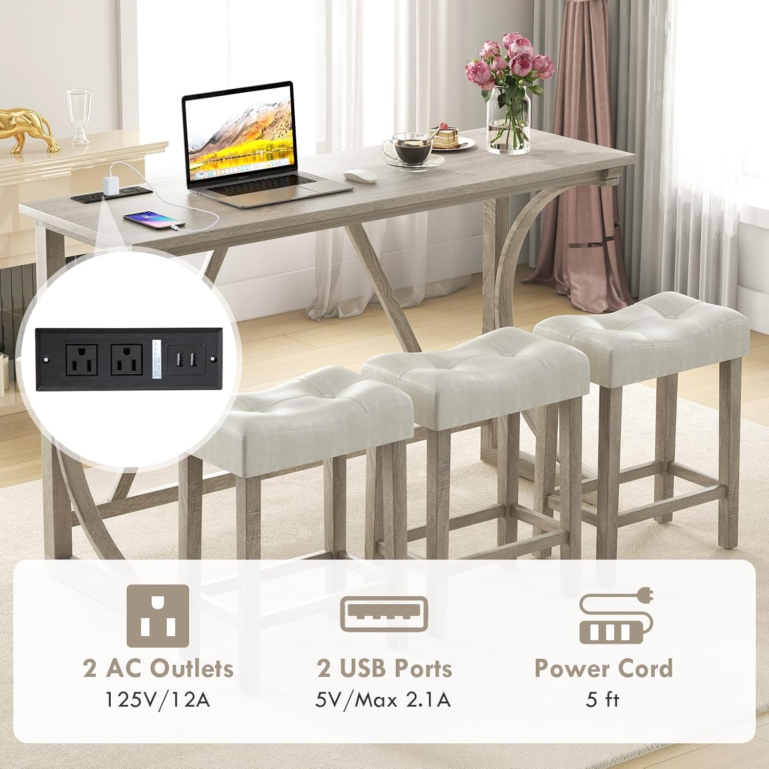 Giantex Small Dining Table Set - 4-Piece Bar Table and Chairs Set with Power Outlet, Upholstered Saddle Seat Stools, Counter Height Dining Table Set