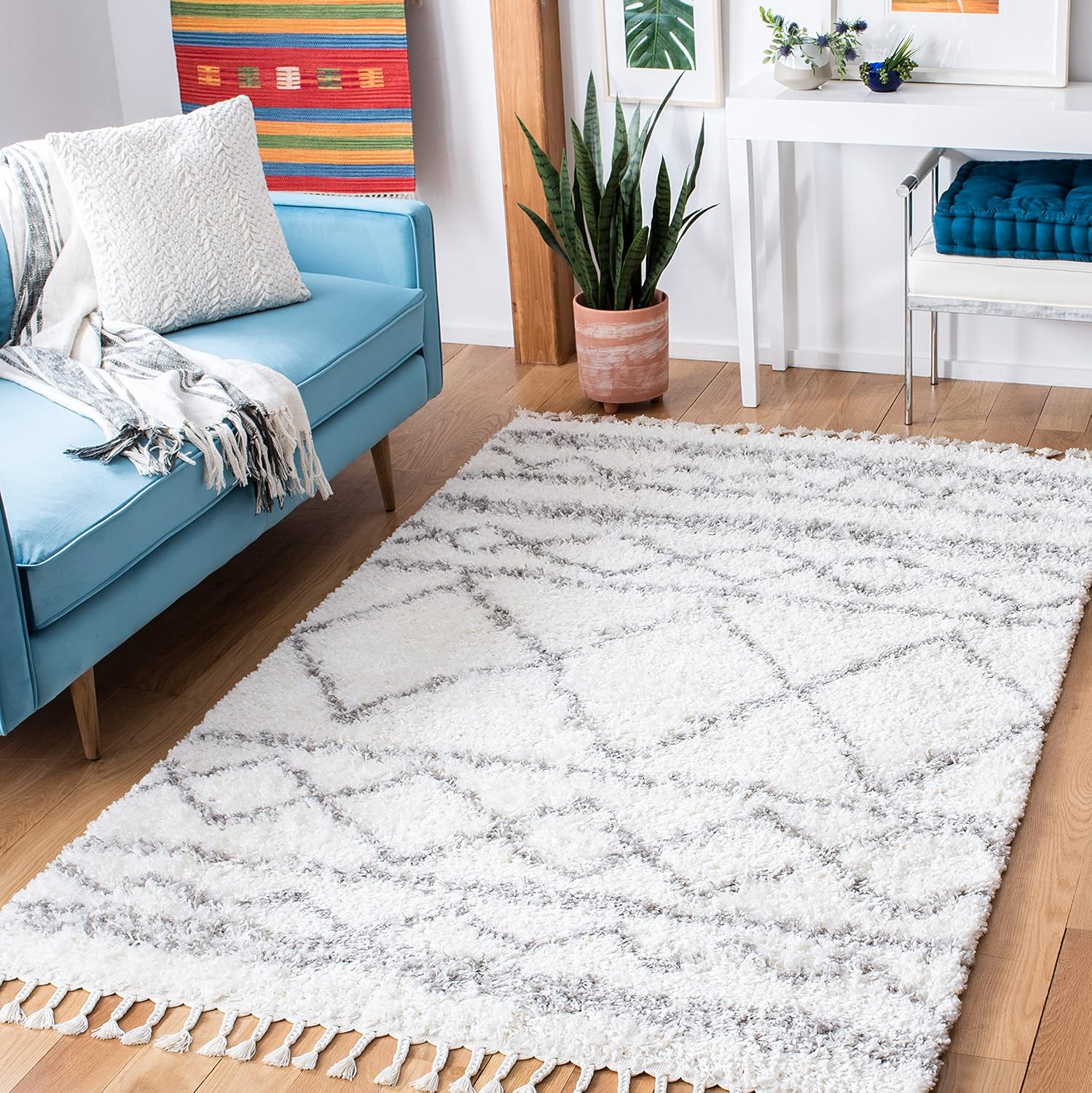 SAFAVIEH Pro Lux Shag Collection Area Rug - 9' x 12', Ivory & Grey, Boho Braided Design, Non-Shedding & Easy Care