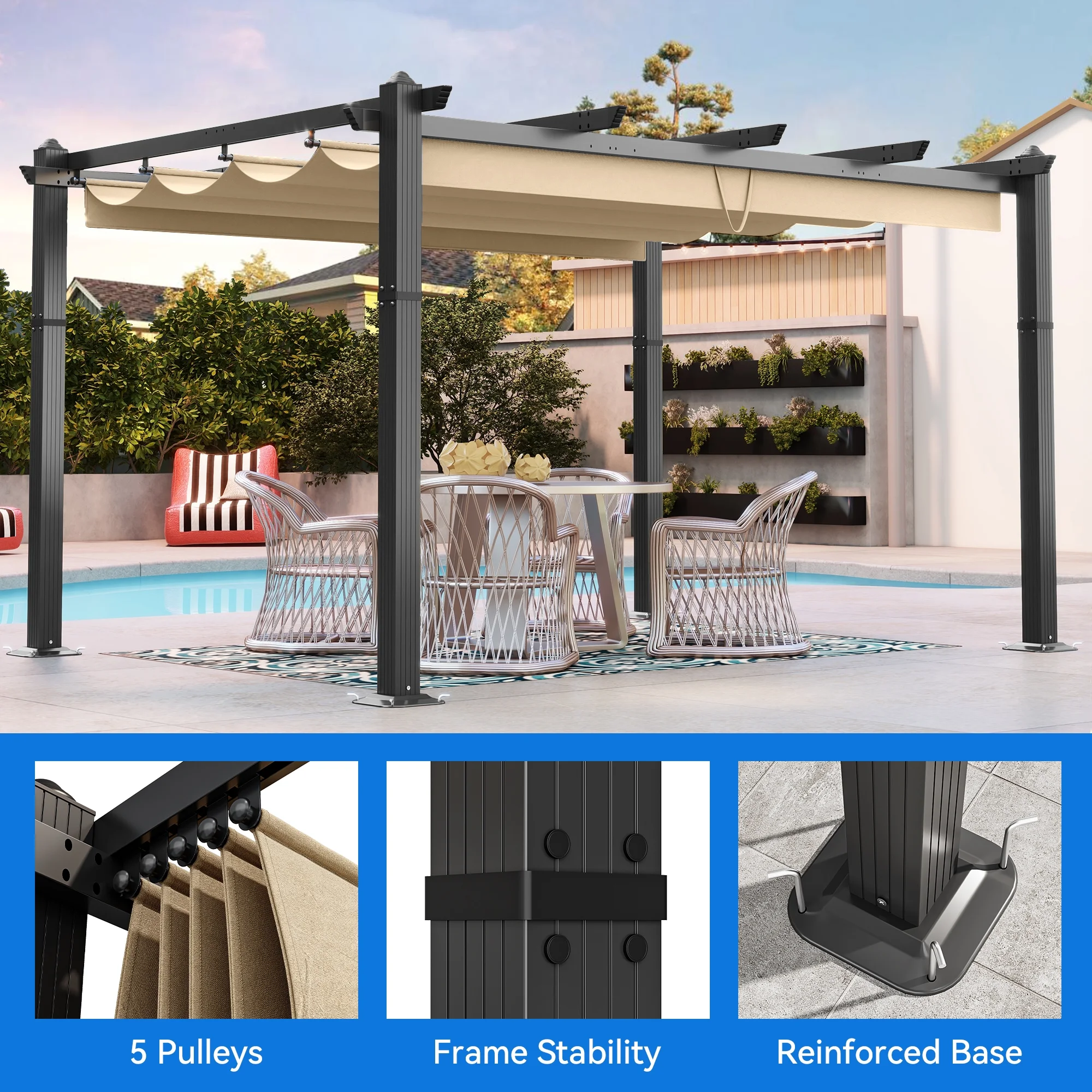 Dextrus 10x13ft Outdoor Aluminum Pergola, Retractable Pergola Canopy Shelter Grape Trellis With Sunshade,Brown Curtain - Curated Treasures Market