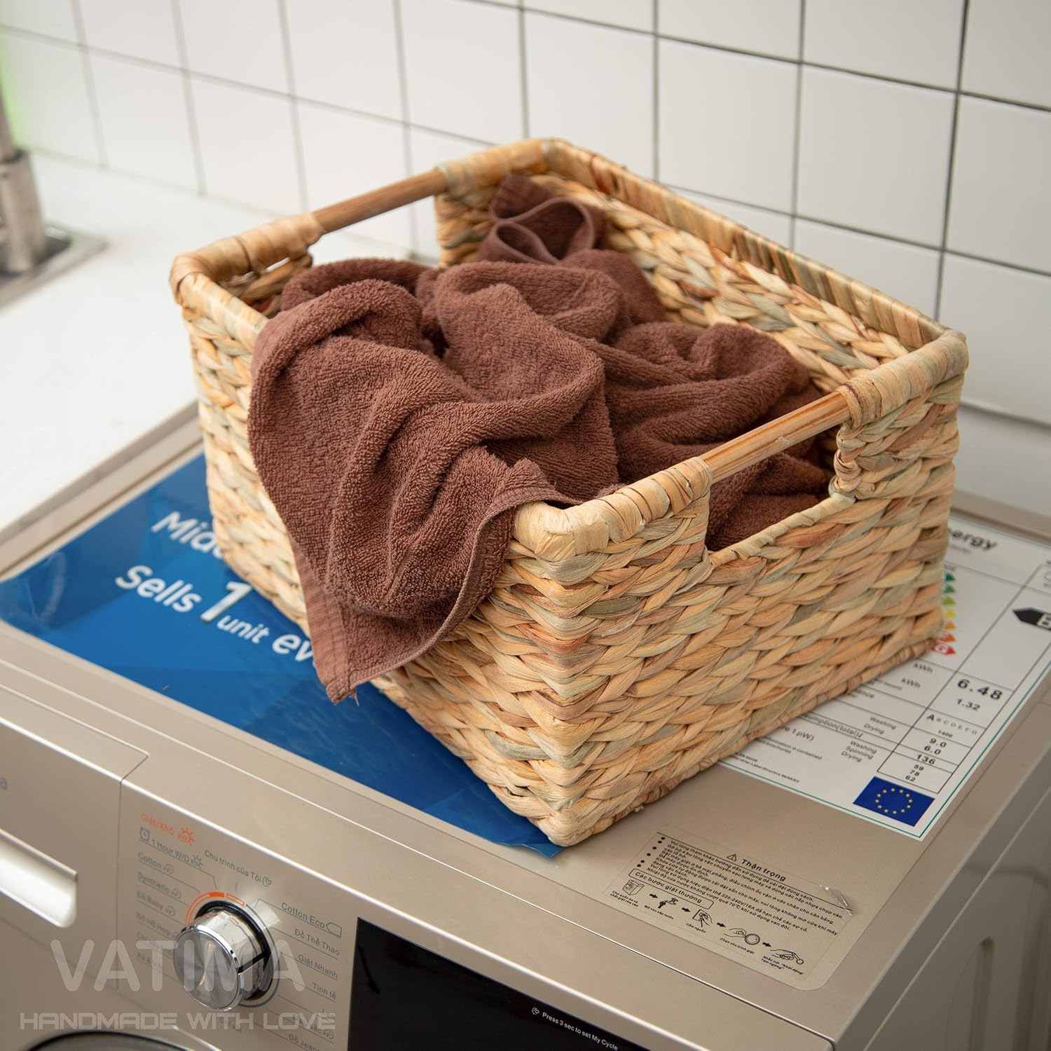 VATIMA Large Wicker Basket Rectangular with Wooden Handles for Shelves, Water Hyacinth Basket Storage, Natural Baskets for Organizing