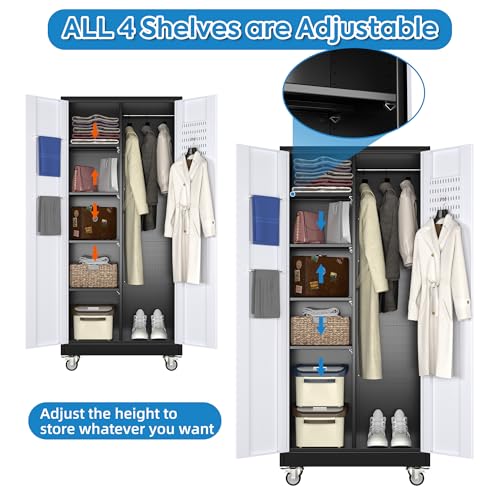 Garage Storage Cabinet with Wheels & Pegboard, 72" H Locking Metal Storage Cabinet with Doors and 4 Adjustable Shelves for Garage Workshop Home