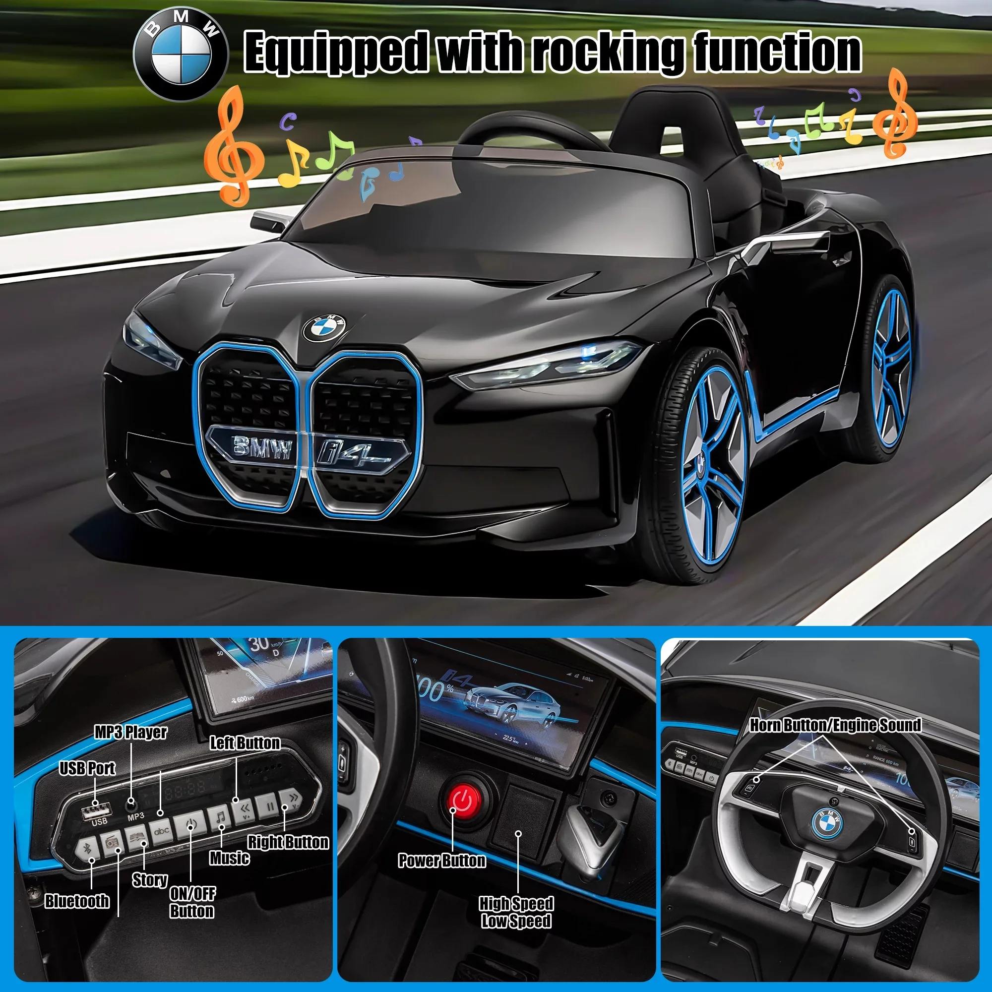 BMW i4 12V Kids Electric Ride-On Car with 2.4G Remote Control, Battery Powered Electric Vehicle Toys Car for 3-8 Years Old, Safety Belt, LED Lights