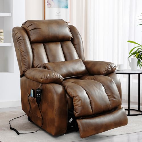 EDILLY Large Genuine Leather Power Lift Recliner Chairs for Elderly, Dual Motor with Massage and Heating,Double Lumbar Cushion and Extended Footrest