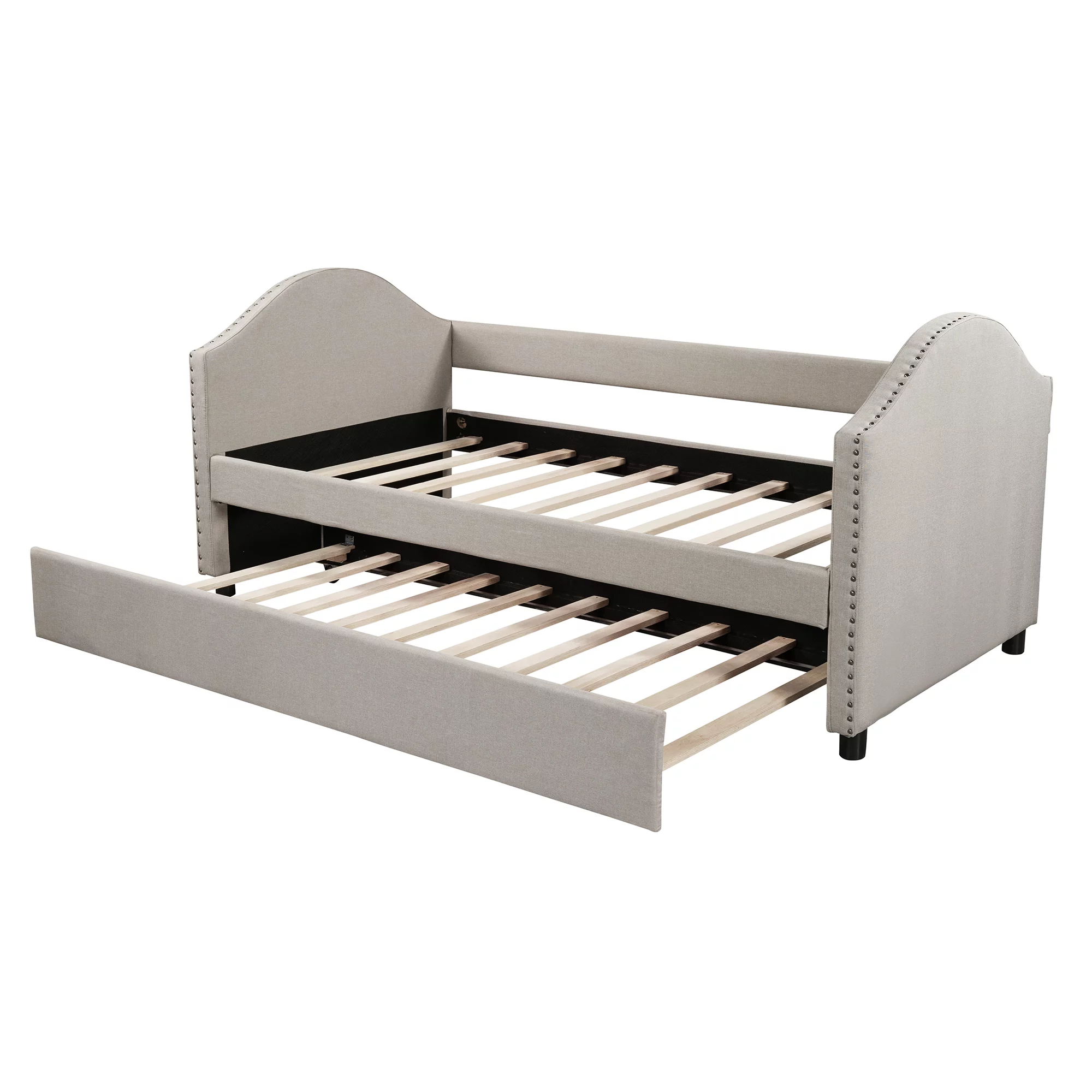 Beige Twin Size Upholstered Daybed with Twin Size Trundle, Wood Slat Support