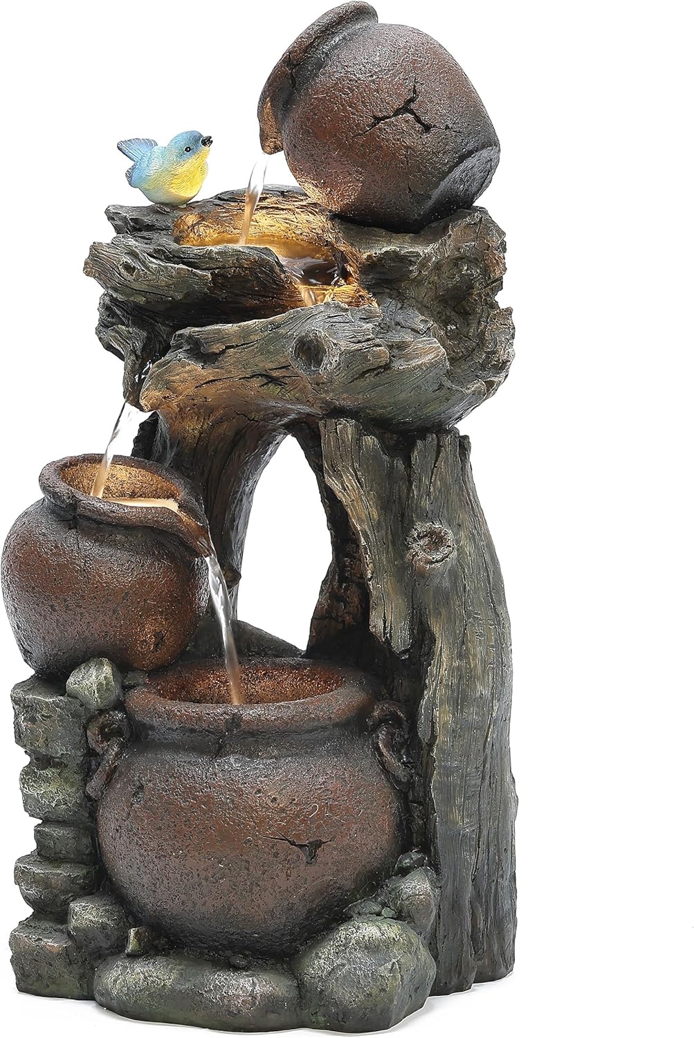 LuxenHome 25.6" Rustic Pots and Pitchers on Tree Resin Outdoor Fountain with LED Lights Fountains and Waterfalls Decor for Patio Yard Garden Water