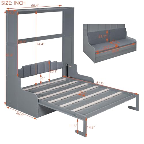 Ball & Cast Murphy Bed Wall Bed Queen Size with Cushion,Sofa Platform Bedfram Chest can be Folded,Wood Folding Hideaway w/Slat Support