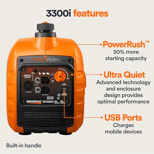 Generac 3,300-Watt Gas-Powered Portable Inverter Generator - Lightweight Design - USB Ports for Mobile Device Charging - COsense Technology
