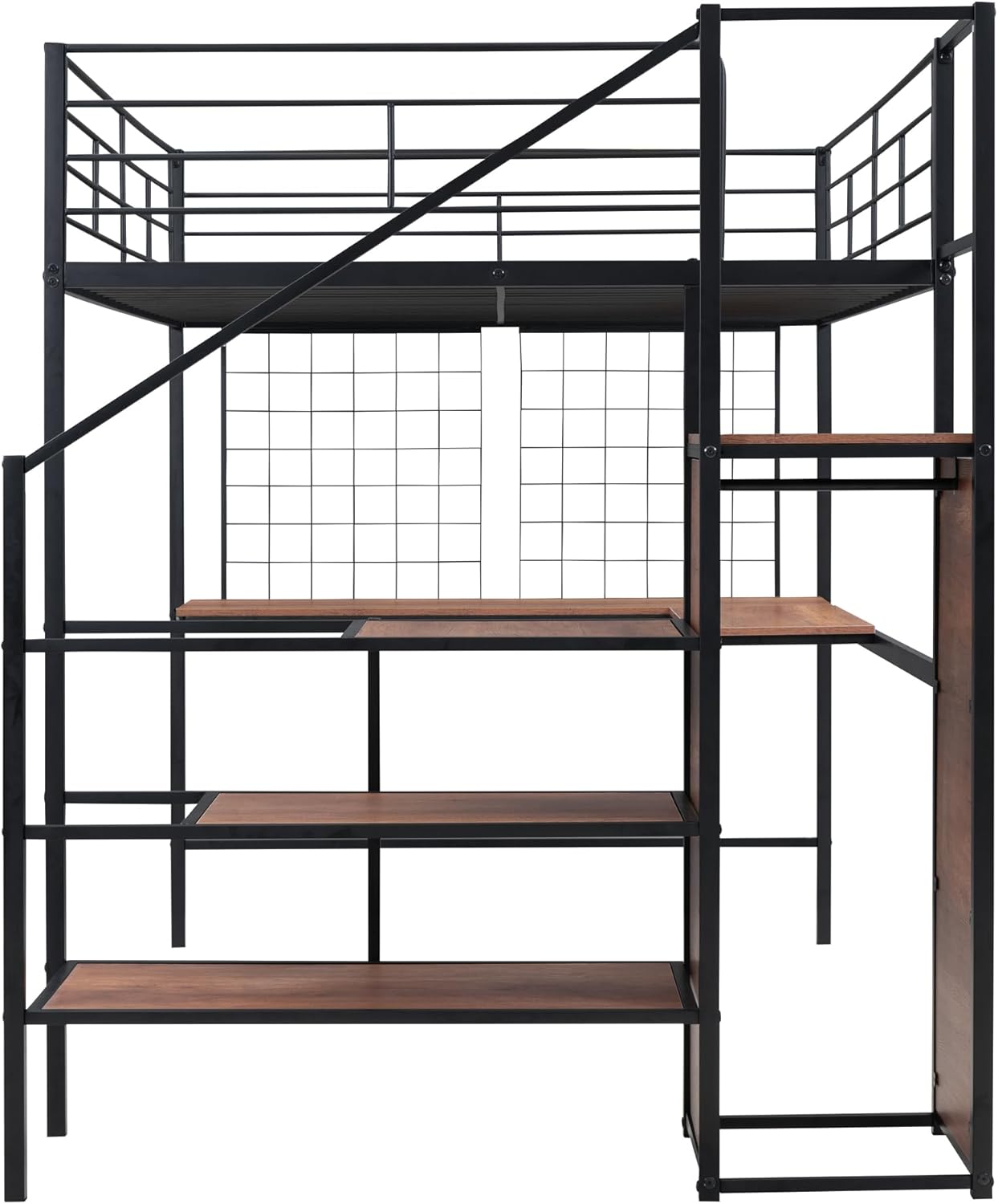 Harper & Bright Designs Metal Full Size Loft Bed with Desk and and Metal Grid, Loft Bed Full with Storage Stairs and Wardrobe