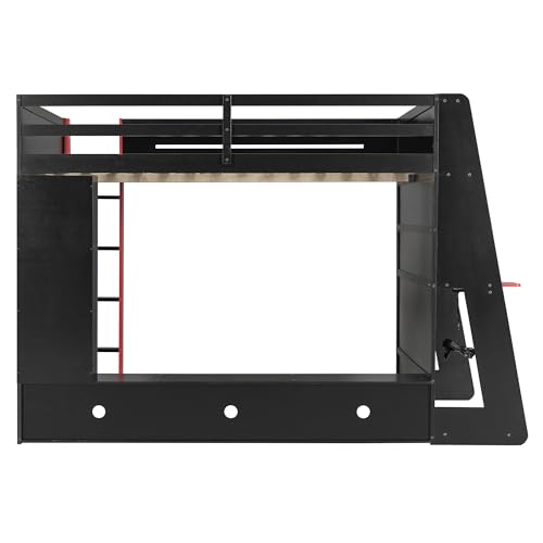 Modern Full Size Gaming Loft Bed with Built-in Desk and Storage Wardrobe, Wood Loft Bed Frame with Light Strip and 2 Drawers