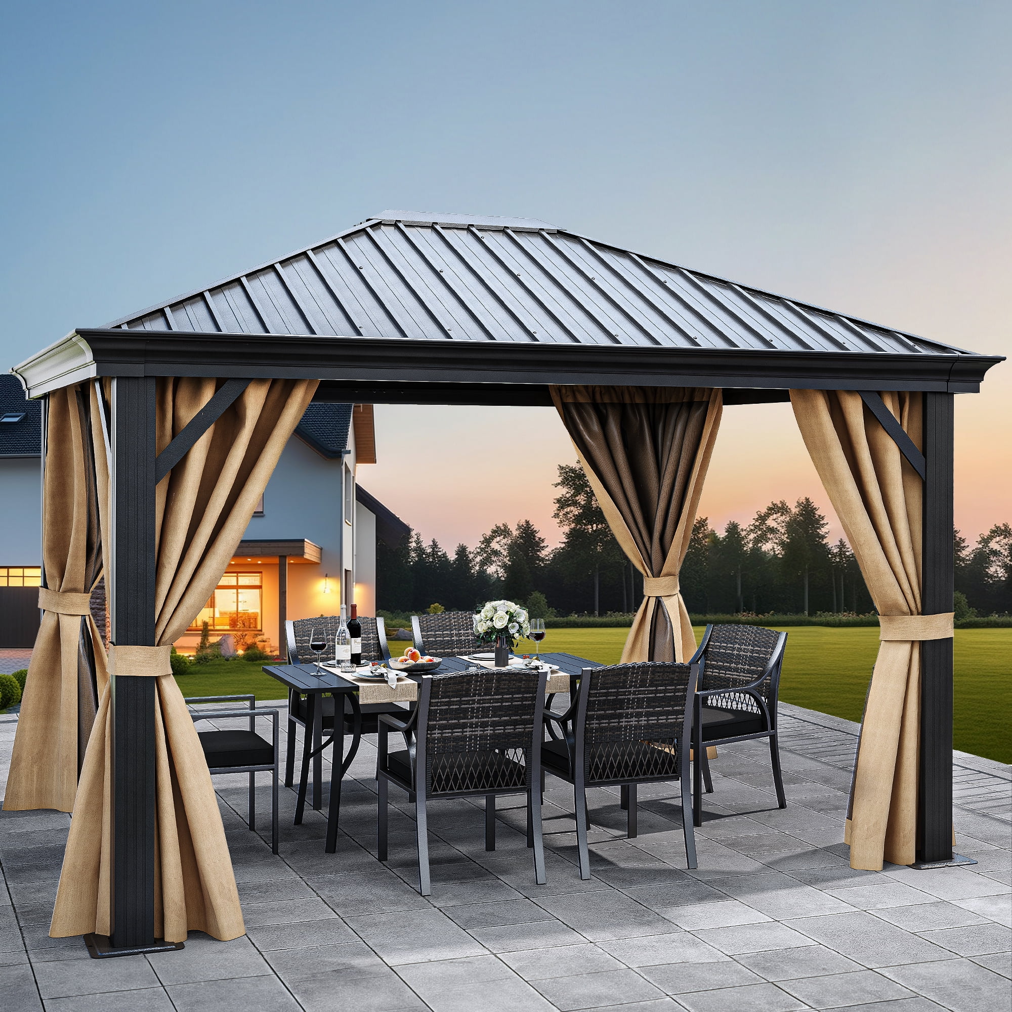 Dextrus 10x12ft Hardtop Gazebo with Nettings and Curtains, Heavy Duty Galvanized Steel Outdoor Vertical Stripes Roof for Patio, Backyard, Deck, Lawns