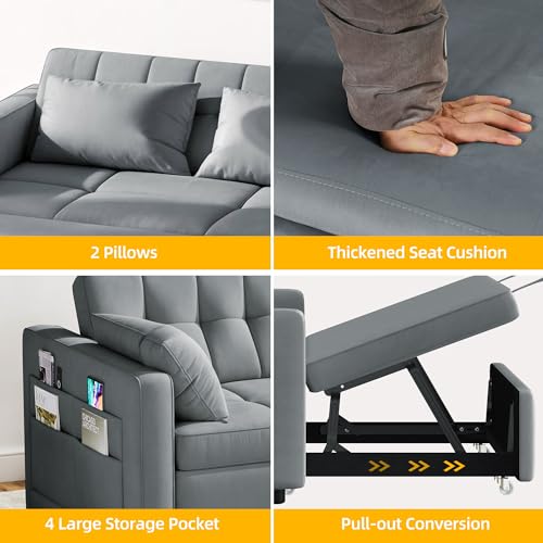 DWVO 55" Convertible Sofa Bed, 3-in-1 Sleeper Sofa with Pull-Out Bed, Velvet Futon Couch with Adjustable Backrest and Side Pocket