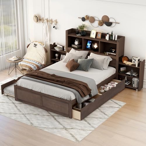Full Size Storage Bed with Bookcase Headboard and Trundle, Wood Platform Bed Frame with Charging Station