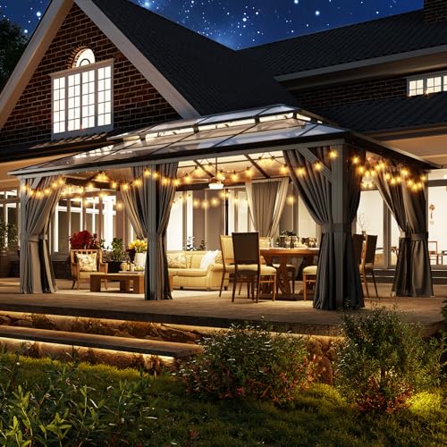 Aoxun 12'x10' Hardtop Gazebo, Aluminum Frame Permanent Pavilion with Curtains and Netting, Outdoor Polycarbonate Double Roof Canopy