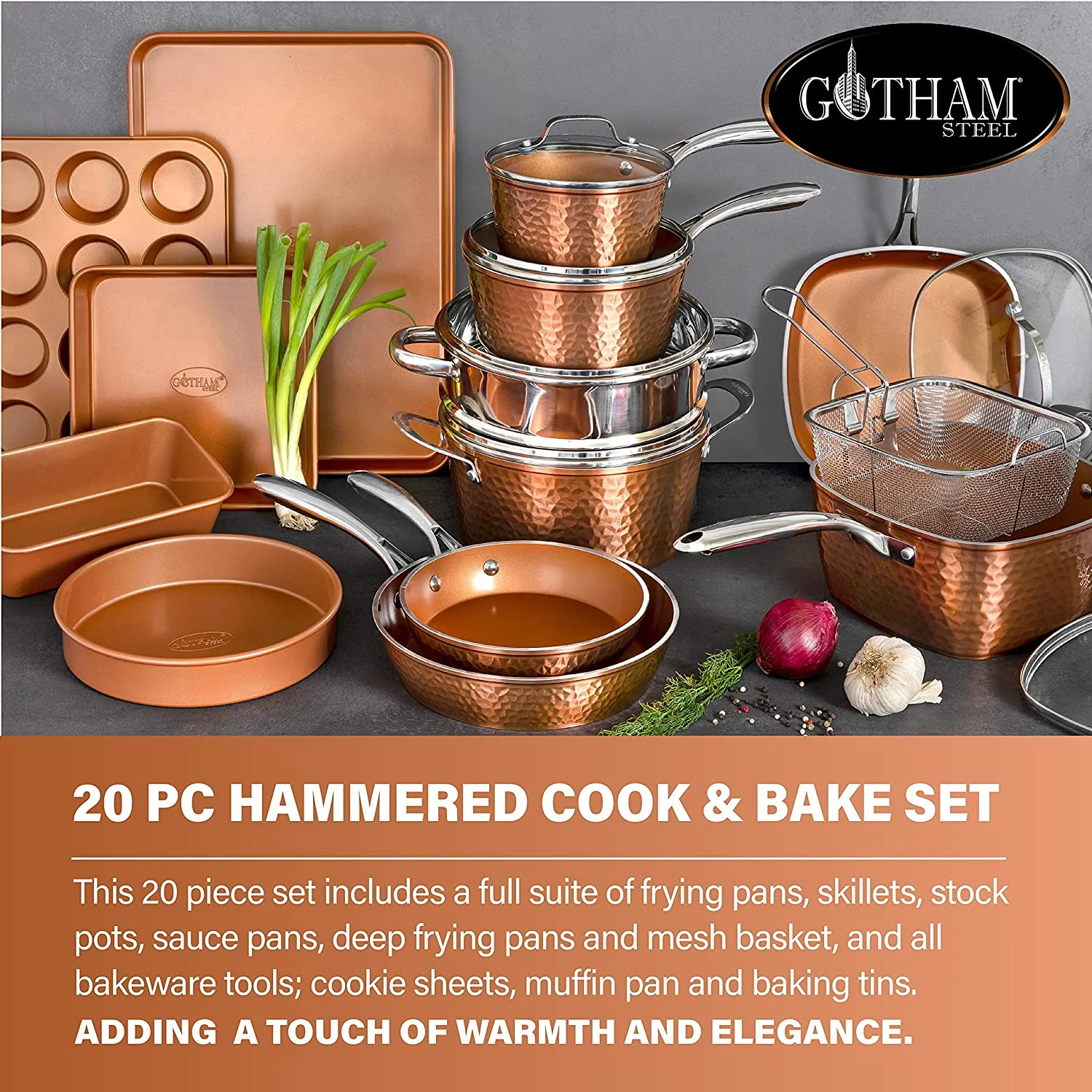 Gotham Steel Hammered Copper Collection – 20 Piece Premium Cookware & Bakeware Set with Nonstick Copper Coating, Includes Skillets, Stock Pots