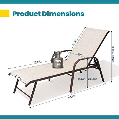 Pellebant Aluminum Pool Lounge Chairs Set of 2, Patio Chaise Lounge with Adjustable Backrest & Armrest, Pool Lounge Chairs Heavy Duty for Outside