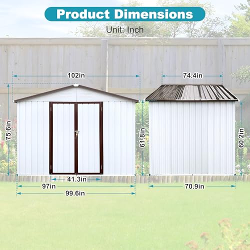 8x6 FT Outdoor Storage Shed, Metal Tool Shed with Lockable Doors, Peaked Roof & Frame Floor