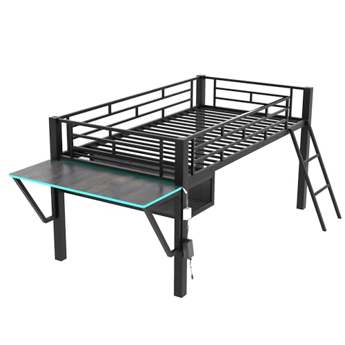 Gaming Bed with Desk,Wardrobe,Ample Storage Space,and RGB LED Light, Full Size Wood Loft Bed for Kids Bedroom (Cloud Blue/K)