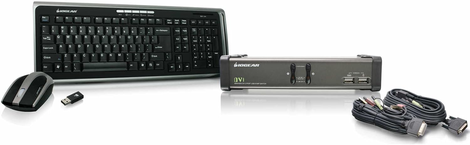 IOGEAR 4-Port DVI KVMP Switch with Cables and Wireless Media Center Keyboard and Mouse, w/Full Set of Cables, (GCS1104-KM1)