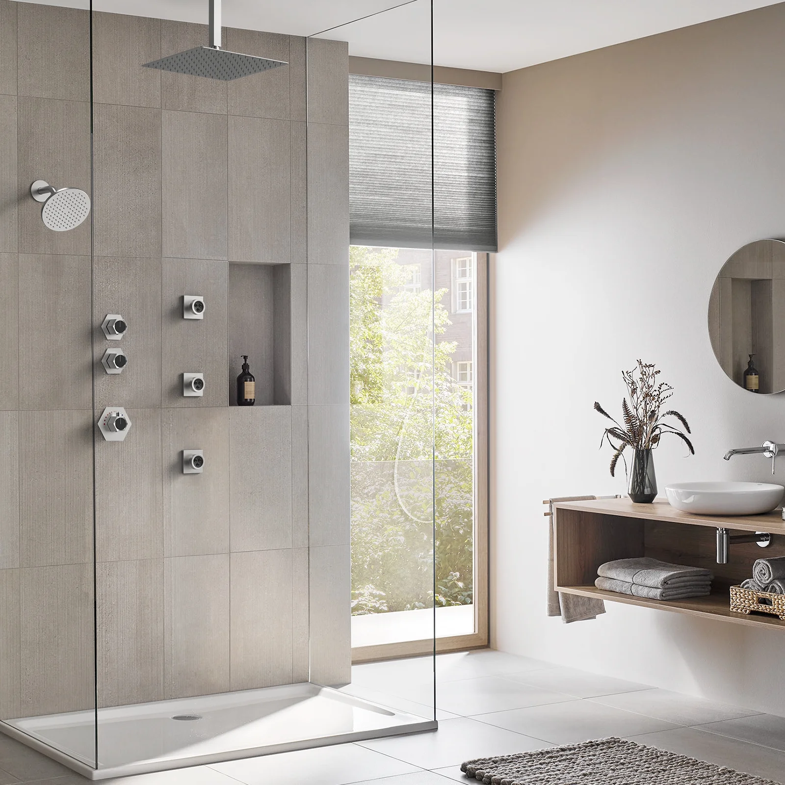 EVERSTEIN Dual Heads Thermostatic Shower Faucet Set 12" Rainfall & High Pressure 6" Fixture Shower System with Rough-in Valve Side Jets Spray Brushed